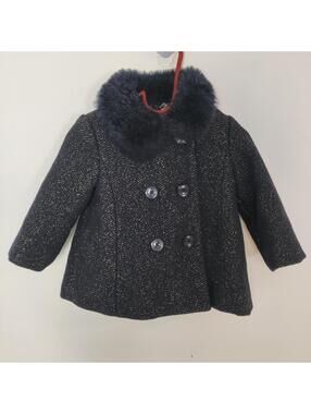 Minoti Toddler Girls Black Sparkle Peacoat Faux Fur Collar 9-12 Months
